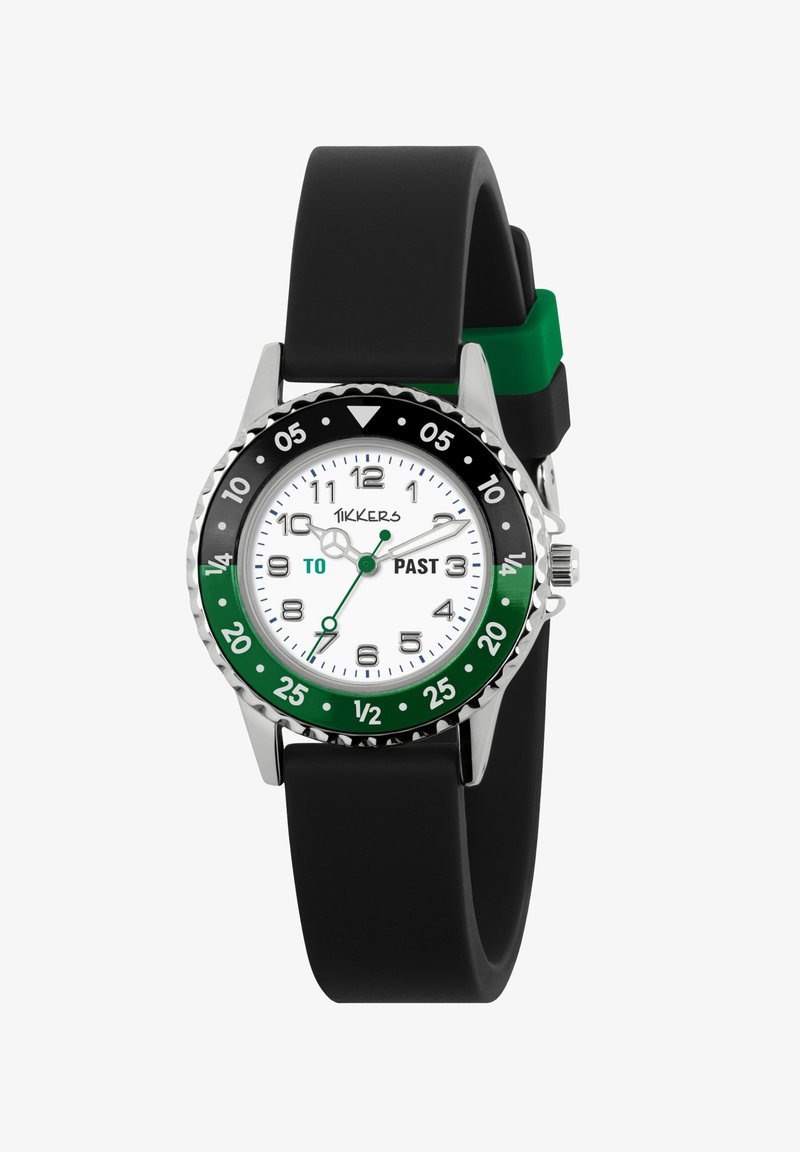 Orologio con cinturino in silicone nero, quadrante bianco, dettagli verdi, cassa argentata e una lunetta rotante verde-nera che indica minuti e ore.