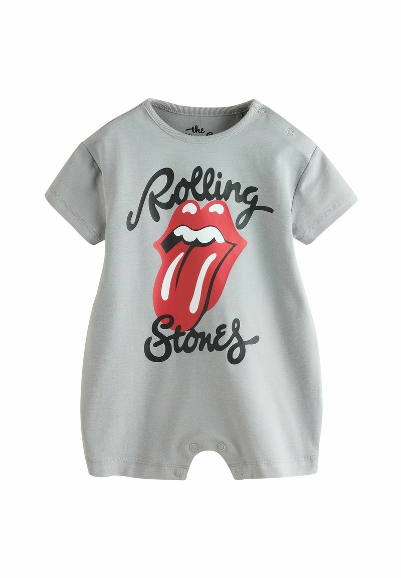Barboteuse bébé gris clair à manches courtes, avec boutons-pression et logo rouge de la langue des Rolling Stones accompagné de texte noir sur le devant.