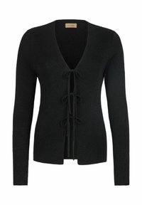 Svart stickad cardigan med djup V-ringning, knytning framtill med tre rosetter, långa ärmar och en strukturerad finish.