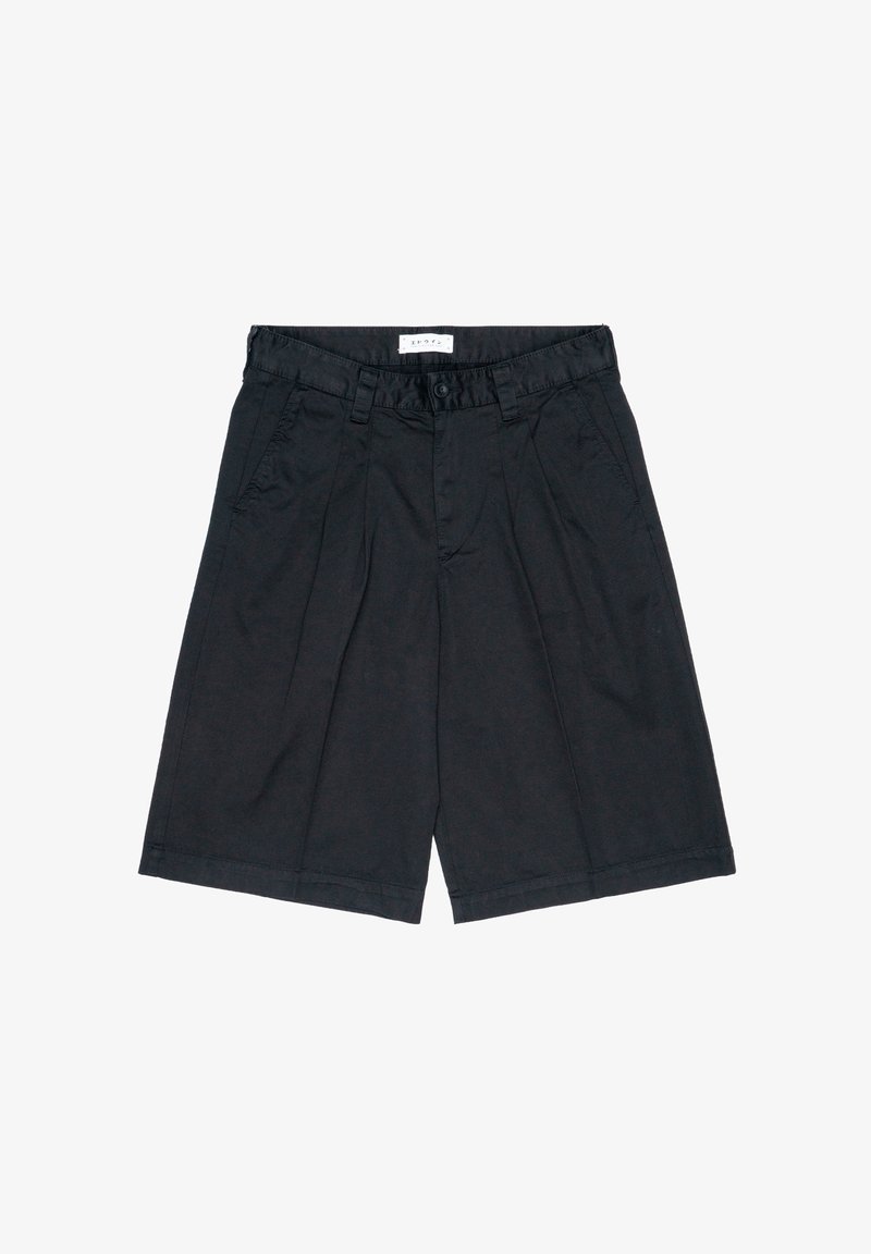 Shorts en coton noir avec une coupe décontractée, présentant des plis, deux poches latérales et une fermeture à bouton à la taille. Texture lisse.
