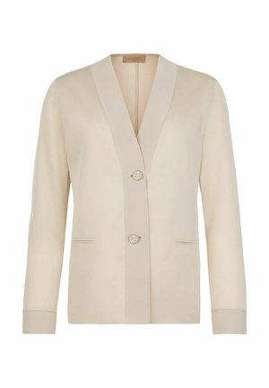 Beige blazer med lange ærmer med to perleknapper, dyb V-udskæring og to smalle frontlommer, vist på en hvid baggrund.