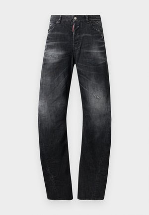 Dark denim jeans with a faded finish, straight leg design, five pockets, and distressing on the front. Fastened with a button and zipper.