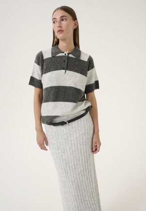 Gray and white striped wool polo shirt with short sleeves, featuring a collar and buttons, paired with a ribbed gray skirt and a black belt.