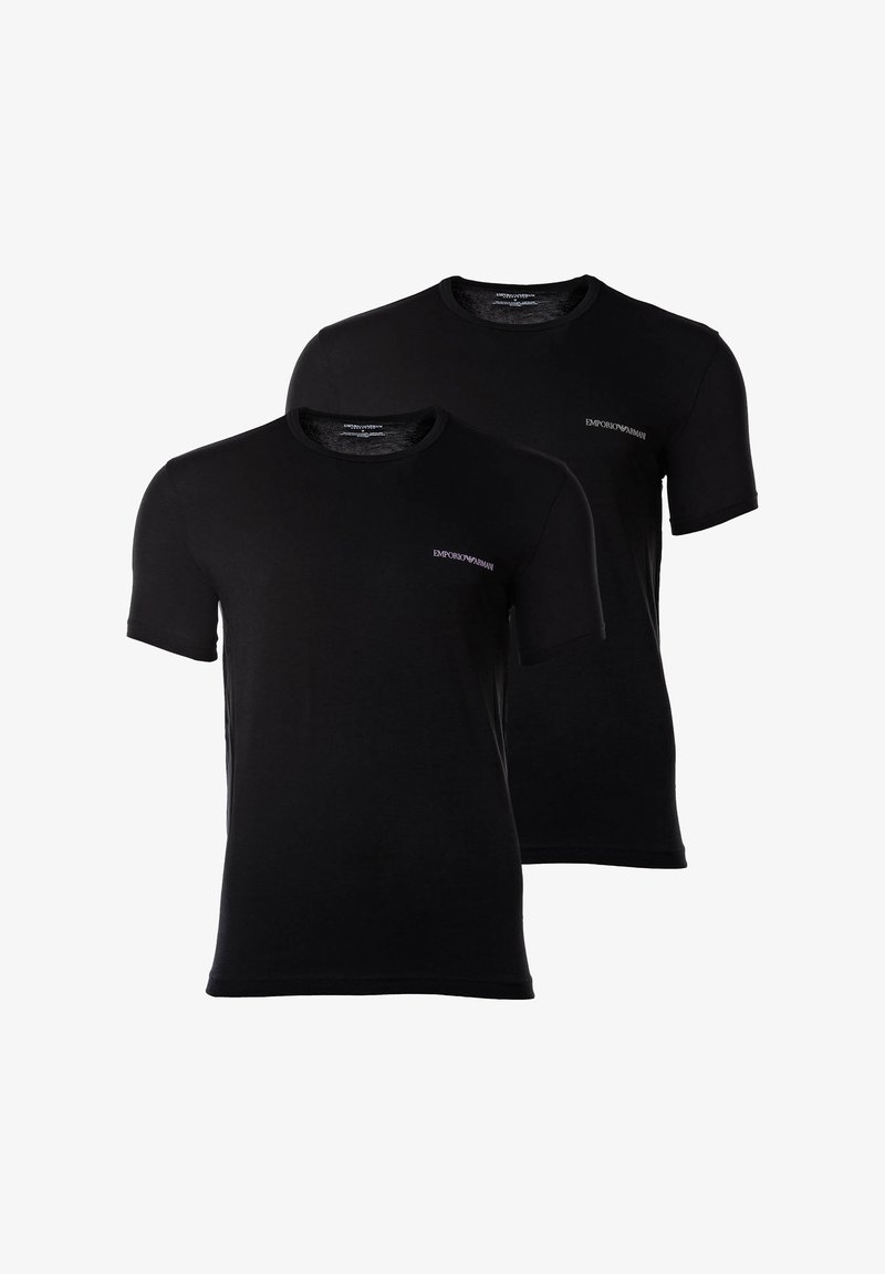 Camisetas de algodón negro en un set de dos, con mangas cortas, cuello redondo y un pequeño logotipo morado de Emporio Armani en el pecho.