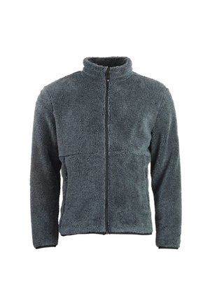 Chaqueta polar gris con cremallera, manga larga y cuello alto, hecha de tela suave y texturizada.