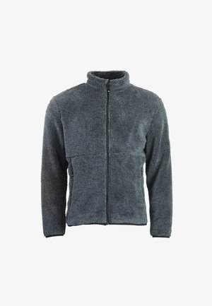 Chaqueta polar gris con cremallera, manga larga y cuello alto, hecha de tela suave y texturizada.