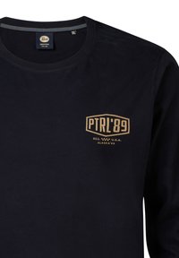 Schwarzes T-Shirt mit langen Ärmeln aus Baumwolle, mit Rundhalsausschnitt und einem Brustaufdruck in Beige mit dem Text "PTRL'89" und Logo-Details.