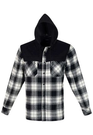 Sort og hvid ternet flannel skjorte med sort hætte, der har lange ærmer, knaplukning foran og to brystlommer.