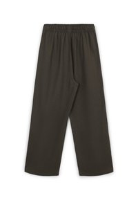 Dunkelgrüne, weit geschnittene Hosen aus weichem Stoff. Verfügt über einen elastischen Bund und gesäumte Kanten für eine einfache, gerade Silhouette.