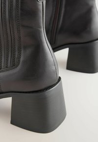 Botas de tobillo de piel negra con tacón cuadrado. El diseño incluye acentos de costura vertical y una textura suave. Cierre con cremallera lateral.