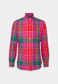 Koszula z guzikami o wielokolorowym wzorze w kratę w odcieniach różu, zieleni i purpury, z kołnierzykiem i długimi rękawami.