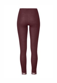 Bordeaux leggings met een hoge taille en een gestructureerde brei. Kantaccent aan de zoom voegt een gedetailleerde touch toe. Soepele, rekbare stof over de hele lengte.