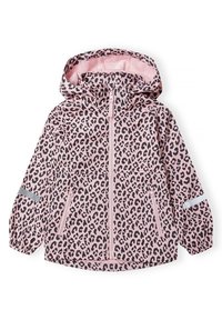 Chaqueta rosa con estampado de leopardo, capucha, cierre de cremallera, puños elásticos, detalles reflectantes en las mangas y un forro interior suave.