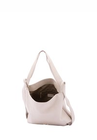 Borsa a tracolla in pelle beige morbido con un design morbido, lunga tracolla e tasca interna con zip. Esterno testurizzato e apertura ampia.