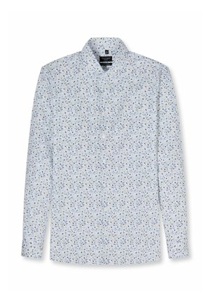Hellblaues Hemd mit langen Ärmeln und Knöpfen, mit einem kleinen Blumenmuster in Dunkelblau, Schwarz und Weiß, ausgestattet mit einem spitzen Kragen.