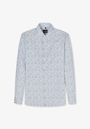 Hellblaues Hemd mit langen Ärmeln und Knöpfen, mit einem kleinen Blumenmuster in Dunkelblau, Schwarz und Weiß, ausgestattet mit einem spitzen Kragen.