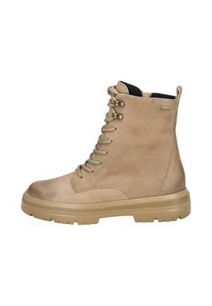 Hellbraune Leder-Ankle Boots mit runder Zehenform, Schnürung an der Vorderseite, gepolstertem Kragen und strukturiertem Gummisole. Verfügt über dezentes Branding und ein schlankes Design.