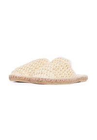 Pantofole intrecciate beige con una parte superiore morbida e testurizzata e una rifinitura in giuta. Design aperto sul retro con una suola piatta per un facile indossamento.