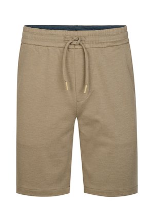 Pantalones cortos caqui en tela suave y texturizada con cintura elástica. Presentan un cordón ajustable y dobladillo remangado para un diseño casual.