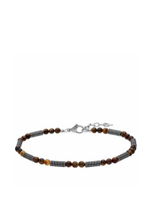 Braunes Perlenarmband mit silbernen strukturierten Röhrenakzenten und einem Metallkarabiner, auf weißem Hintergrund präsentiert.