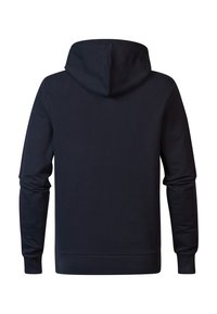 Marineblaue Kapuzenjacke mit einem Standardfit, langen Ärmeln und einer Stoffstruktur. Verfügt über eine Kordelzugkapuze sowie gerippte Bündchen und Saum.