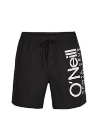 Schwarze Badeshorts mit elastischem Bund und Kordelzug, die auf der linken Seite mit großen weißen O'Neill-Logos und Text versehen sind.