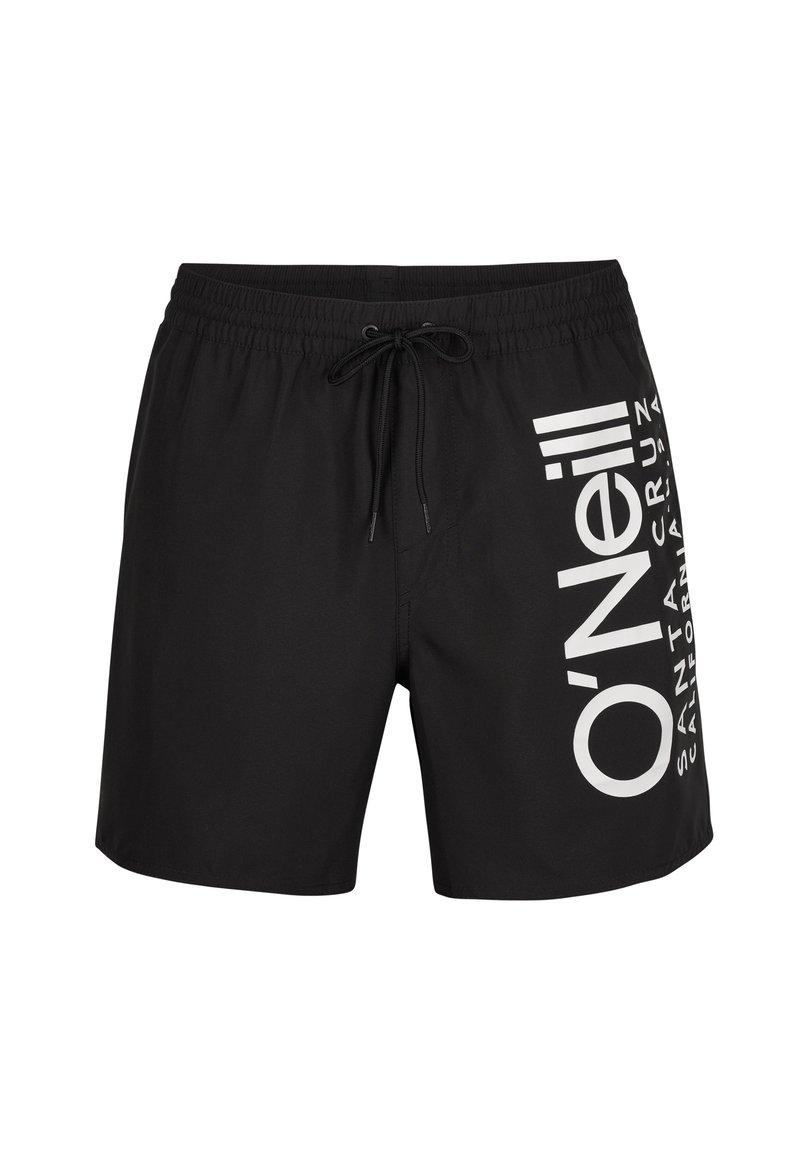 Shorts de bain noirs avec une taille élastique et un cordon de serrage, présentant un grand logo O'Neill blanc et du texte sur le côté gauche.