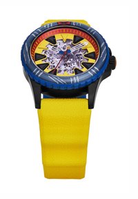 Bunter Uhr mit einem blauen und gelben Kunststoffgehäuse, gelbem strukturiertem Armband und einem mehrfarbigen Zifferblatt mit schwarzen Akzenten und filigranen Details.