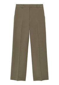 Olijfgroene rechte broeken met riemlussen, zijzakken en voorplooien, ontworpen voor een getailleerde pasvorm.