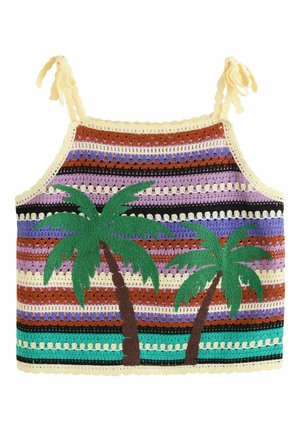 Gehäkeltes, mehrfarbig gestreiftes Crop-Top mit cremefarbenen Bindeträgern und zwei grünen Palmen mit braunen Stämmen auf der Vorderseite.