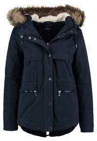 Marineblå parka-jakke med faux fur-fodret hætte, lynlåslommer, trykknapper og en blød indvendig foring. Casual design med en afslappet pasform.