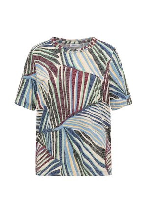 Tričko s krátkým rukávem a kulatým výstřihem s vícebarevným abstraktním listovým vzorem v modrých, zelených, burgundských, žlutých a krémových odstínech.