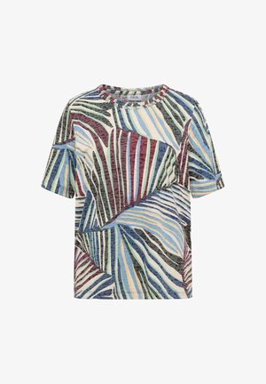 T-shirt met korte mouwen en ronde hals met een meerkleurig abstract bladmotief in blauw, groen, bordeaux, geel en crèmekleuren.