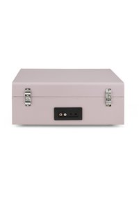 Pink leather audio box with metal clasps, a flat top, and black panel featuring audio input and output ports on the front.