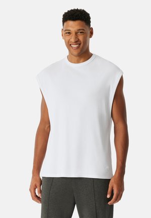 Weißes ärmelloses Baumwoll-T-Shirt mit rundem Halsausschnitt und lässiger Passform. Strukturiertes Material, glatte Oberfläche, mit leichtem Schulternaht.
