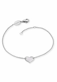 Bracciale d'argento con una sottile catena, caratterizzato da un ciondolo a forma di cuore. Include un moschettone e una lunghezza della catena regolabile.