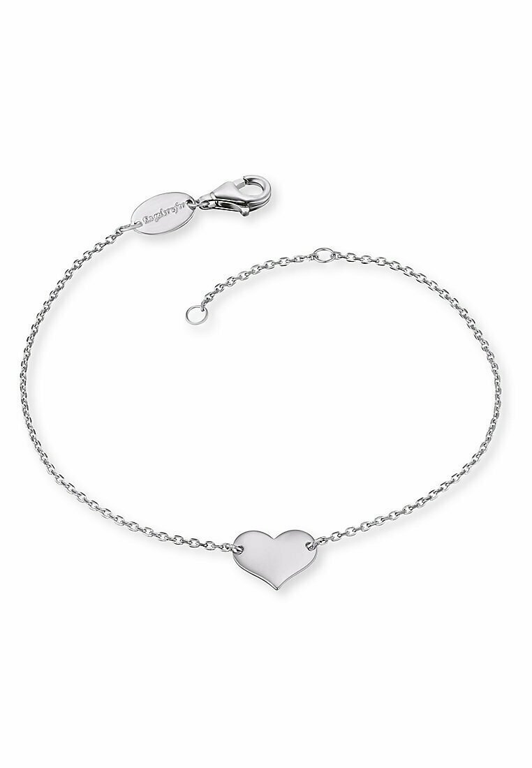 Bracciale d'argento con una sottile catena, caratterizzato da un ciondolo a forma di cuore. Include un moschettone e una lunghezza della catena regolabile.