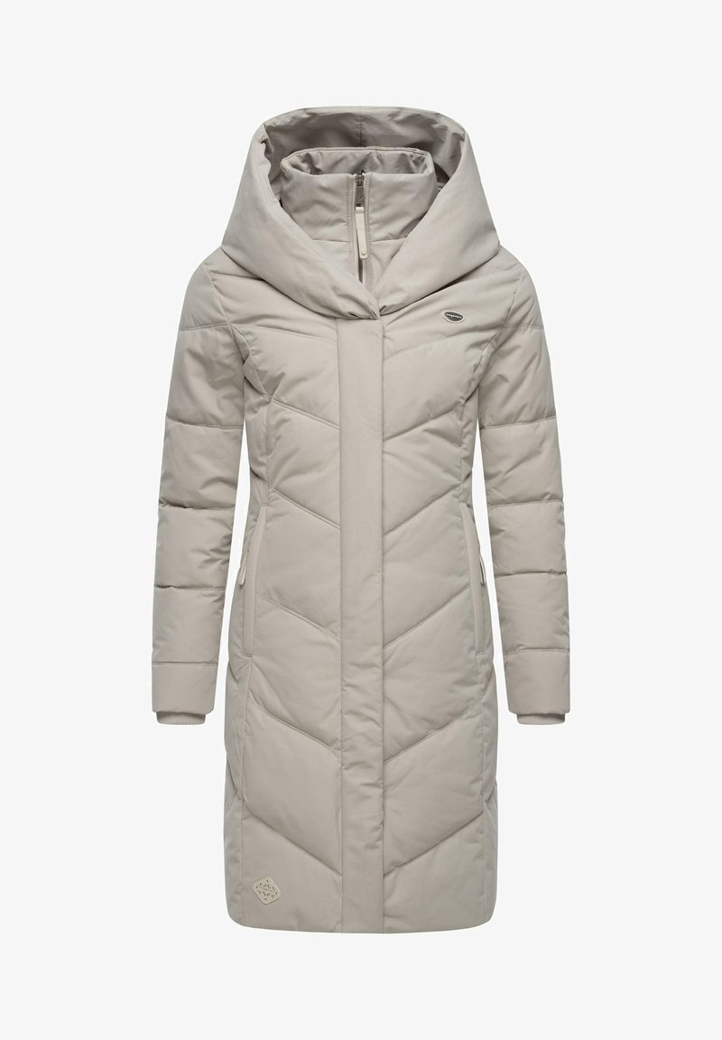 Helle beige gepolsterte Jacke mit großer Kapuze, Reißverschluss und Zickzack-Steppdesign. Verfügt über gerippte Bündchen und ein kleines Logodetail.