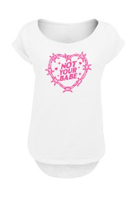 White women's scoop-neck T-shirt with pink barbed wire heart and "NOT YOUR BABE" text in the center.