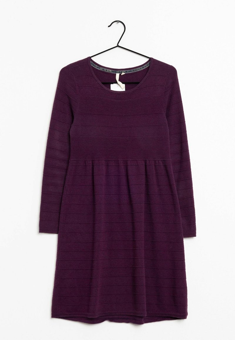 Purple long-sleeve dress with a round neckline, featuring horizontal textured stripes and a gathered waist, hanging on a black hook.