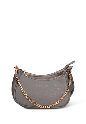 Borsa a mano in pelle grigia con finitura strutturata, due scomparti con cerniera e tracolla a catena dorata. Logo impresso sulla parte anteriore.