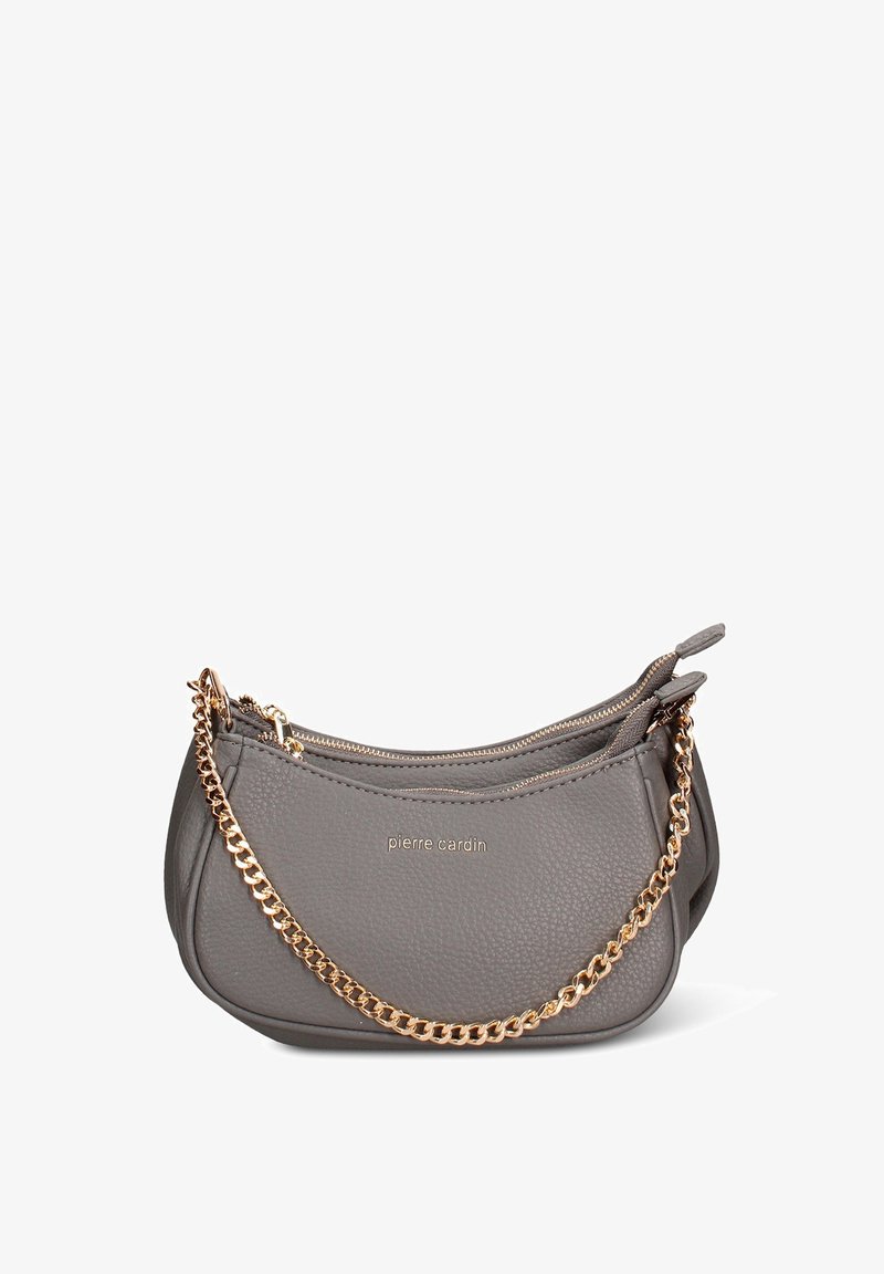 Grijze leren handtas met een gestructureerde afwerking, twee met ritsen afsluitbare vakken en een gouden kettingband. Logo gegraveerd aan de voorkant.
