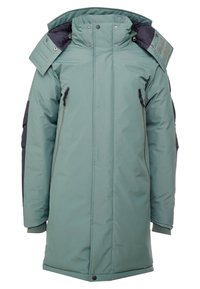 Lång huva jacka i ljusgrön med svarta detaljer, med dragkedja och tryckknapp, fickor med dragkedja och vadderad krage.