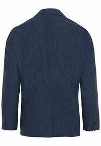 Veste blazer homme bleu foncé vue de dos avec manches longues et détails de boutons aux poignets.