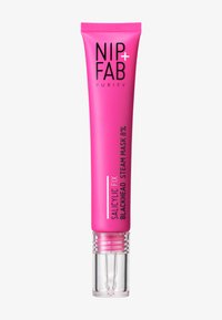 Różowe opakowanie w tubie z napisem "NIP+FAB Salicylic Fix Blackhead Steam Mask 8%". Przezroczysty aplikator na dole. Gładka, matowa tekstura.