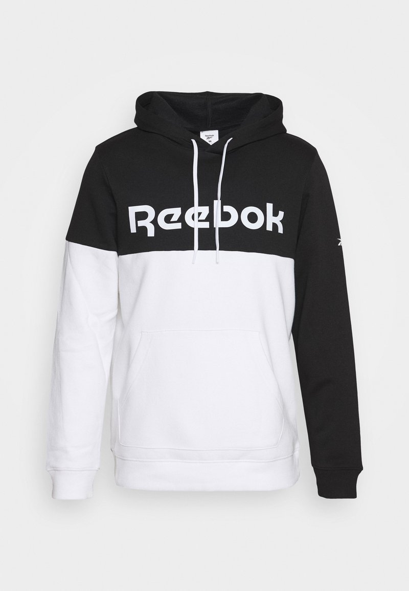 Sweat à capuche Reebok noir et blanc avec une poche avant, une capuche avec cordons blancs et le nom de la marque imprimé sur la poitrine.