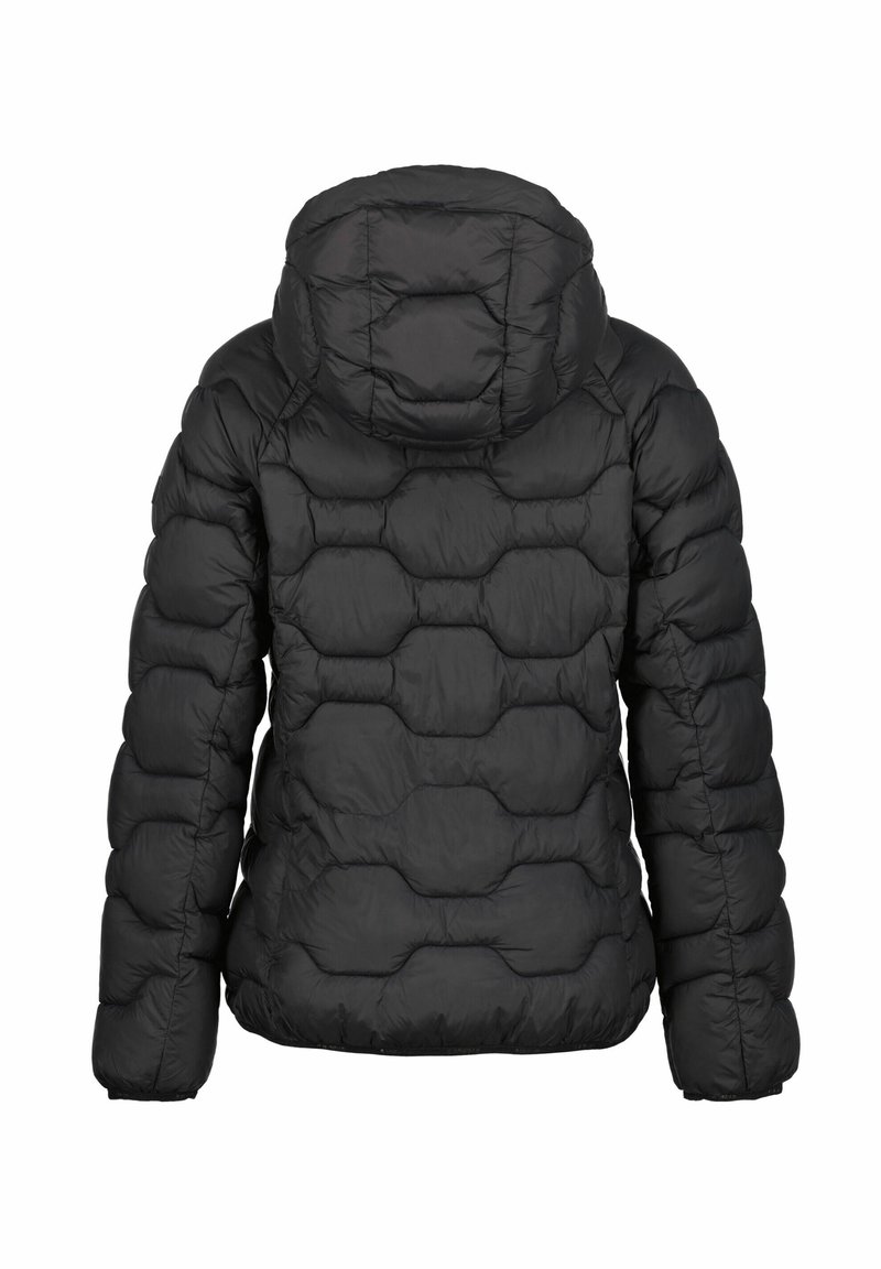 Schwarze Steppjacke mit Kapuze, Rückansicht, mit horizontalen und hexagonalen Nahtmustern.