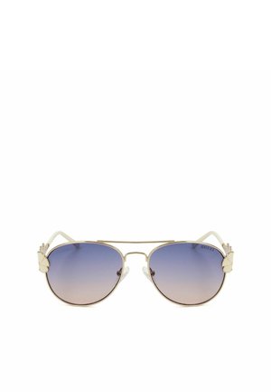 Occhiali da sole aviator rotondi con montatura in metallo dorato e lenti sfumate blu, con dettagli decorativi a forma di farfalla sui lati.
