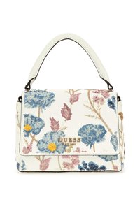 Bolso de mano de cuero blanco con un patrón de lentejuelas florales en azul, rosa y amarillo. Cuenta con un asa superior y un logo metálico de la marca en el frente.