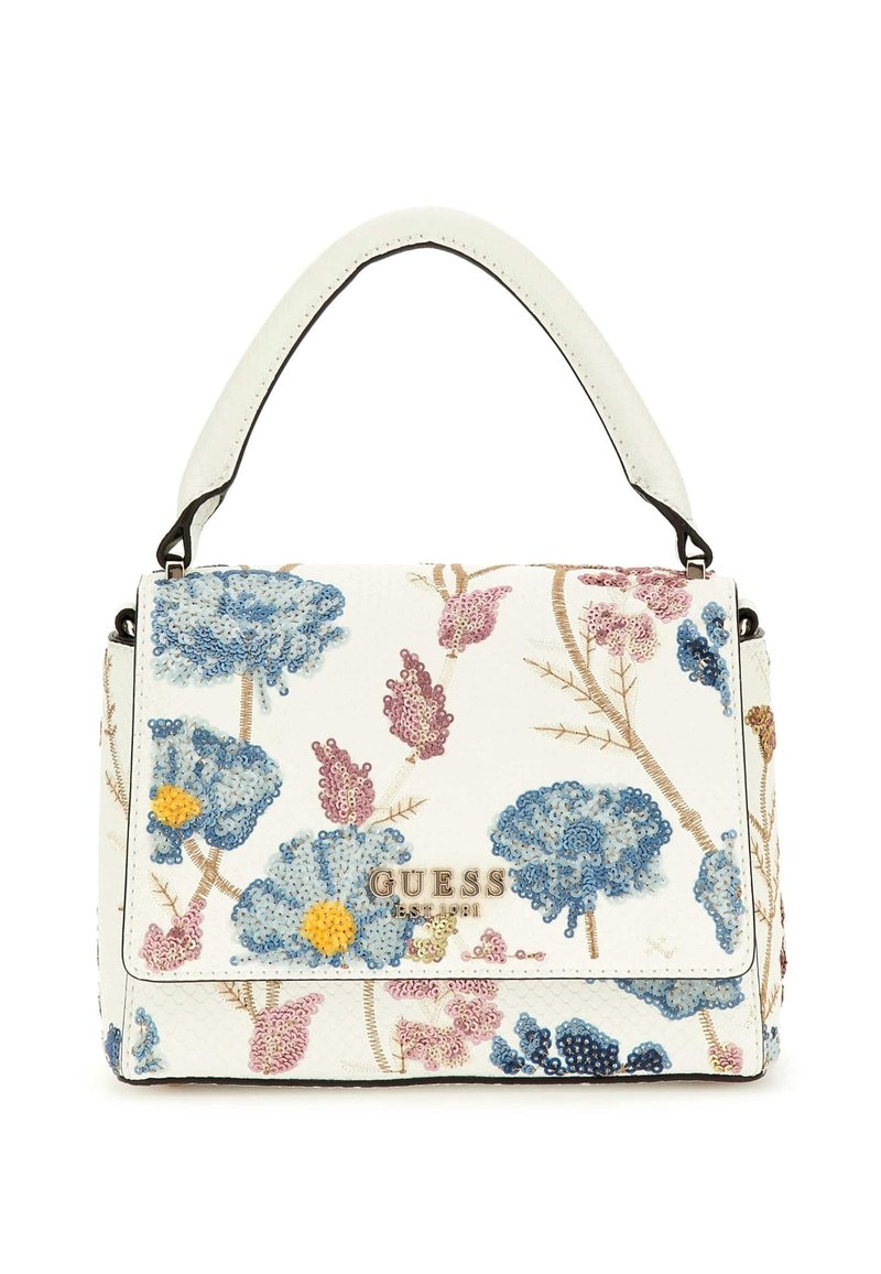 Bolso de mano de cuero blanco con un patrón de lentejuelas florales en azul, rosa y amarillo. Cuenta con un asa superior y un logo metálico de la marca en el frente.